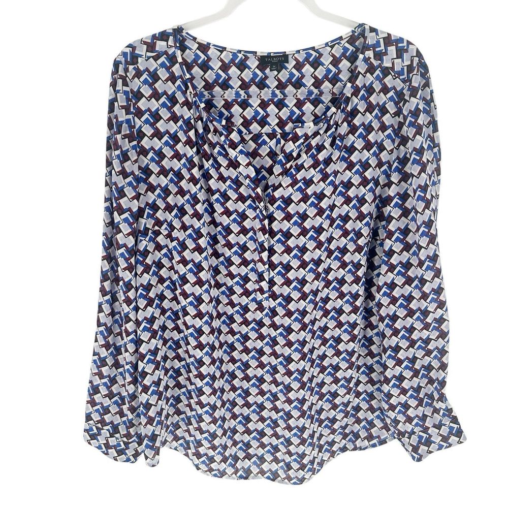 Talbots Blouse Womens Plus 1X Blue Geometric Long Sleeve Popover Office Career